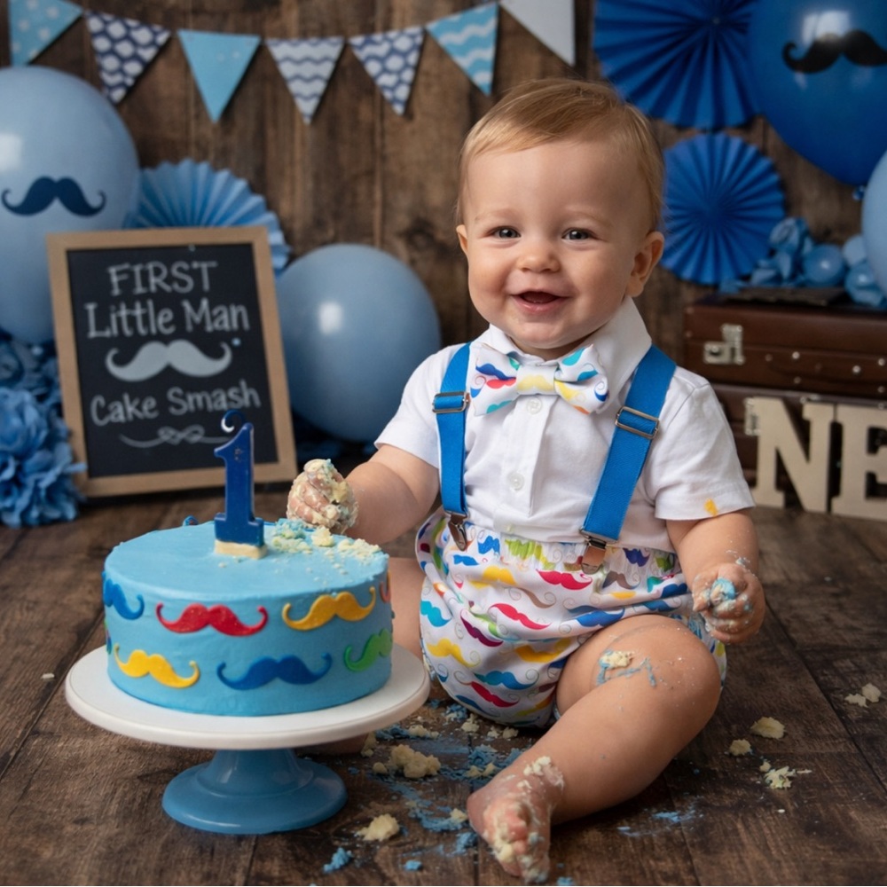 Colorful Mustache little man Cake Smash Outfit Easter first birthday boy
